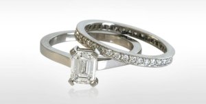 Four Claw Emerald Cut Engagement Ring, alongside a Milgrain Diamond Wedding Band, Gold River Jewellers, Brisbane.