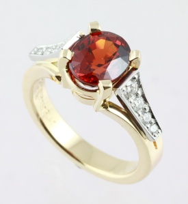 Gold River Jewellers, Mandarin Garnet, Two Tone, White and Yellow gold Diamond dress ring.
